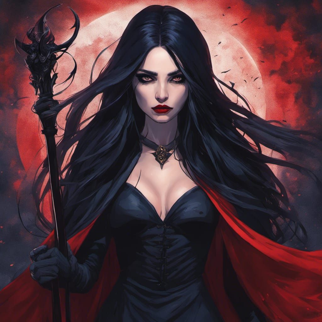 An ethereally threatening lady, dark expression on her face, with long