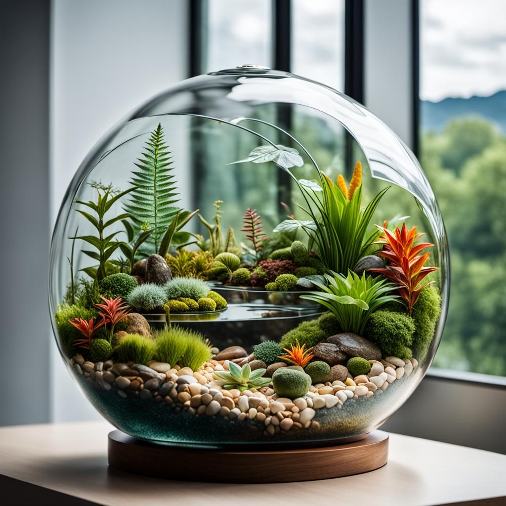 A professional photograph of a sublime glass terrarium