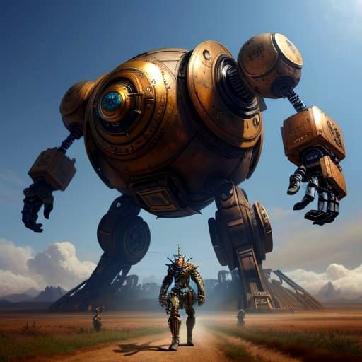 Giant spherical armed robot on long thin legs. Best quality digital image. Steampunk style.