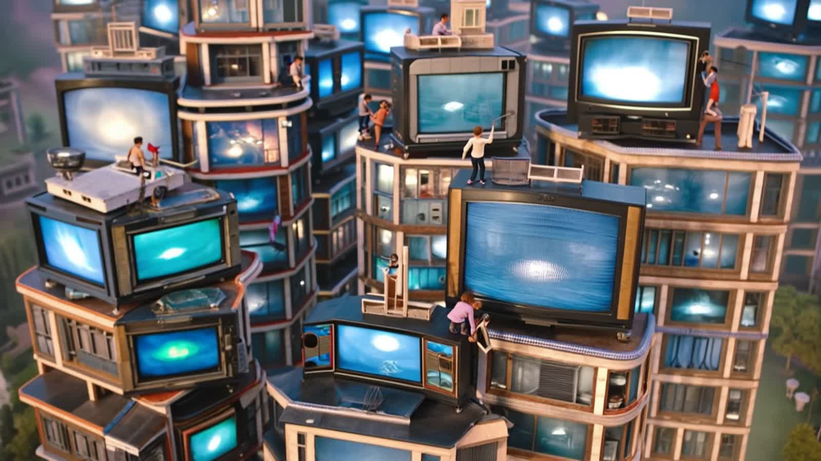 A surreal cityscape where buildings are constructed from towering stacks of vintage televisions, their screens displayin...