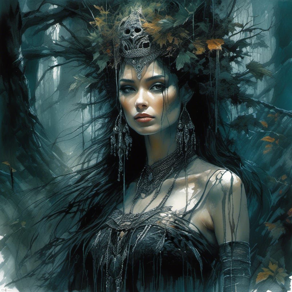 A captivating dark fantasy illustration of an intriguing dark ambient maximalist imaginative fantasy hyperdetailed forest background, showca...