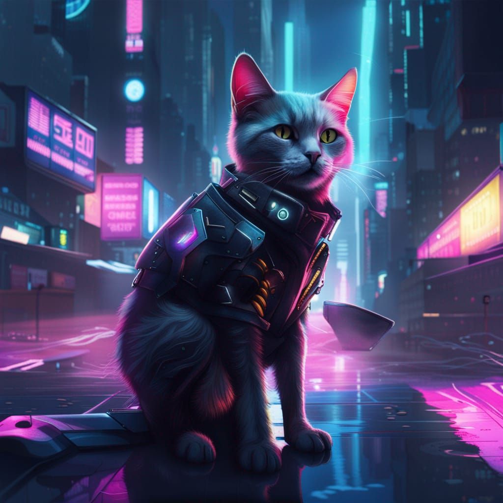 cat in the cyberpunk city
