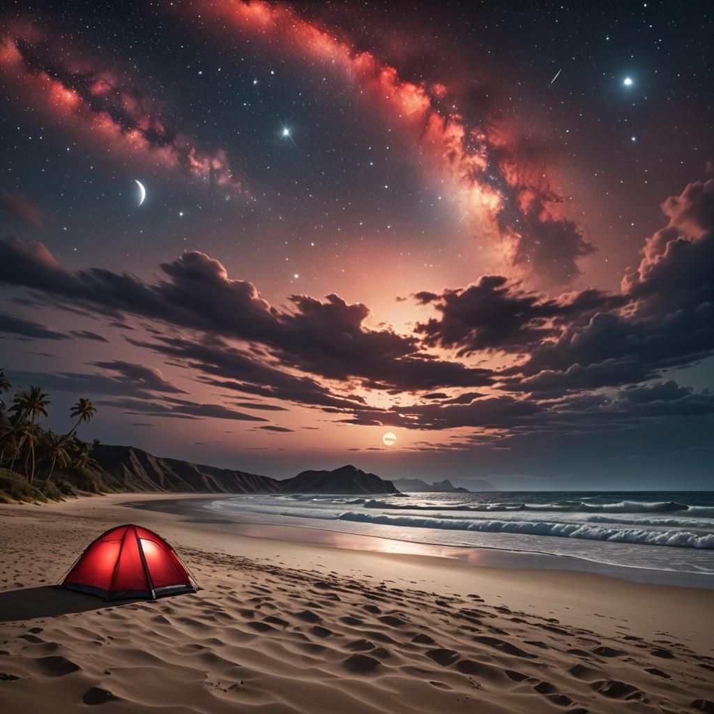 A marvelous shimmering  red camping tent on a sandy beach enlighted by moonlight. ocean behind, Detailed ...  by @Dreamweb
