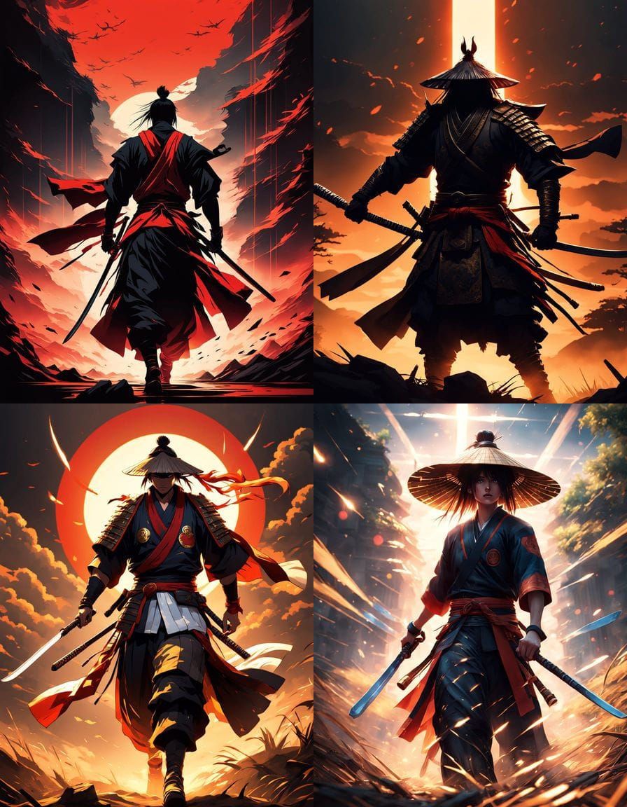 A samurai in mid-action, wearing a straw hat obscures his face. His tattered robe flutters in breeze. He wields a katana...
