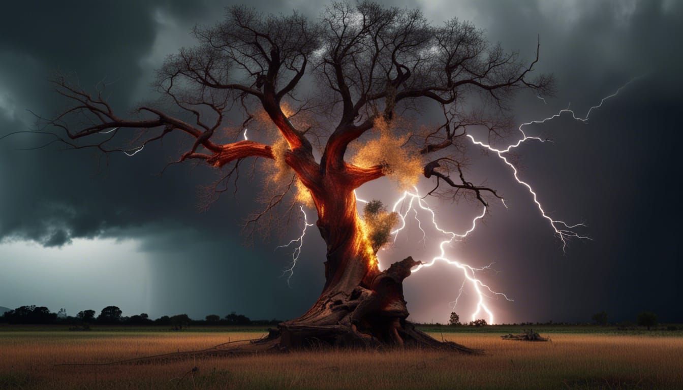 lightning striking on old tree, fire bursting from tree, dark black ...