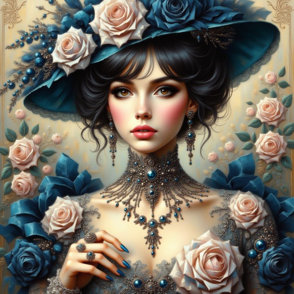 <lora:Elegant Portrait:1.0> beautiful stunning woman facing the viewer in elegant sapphire and silver