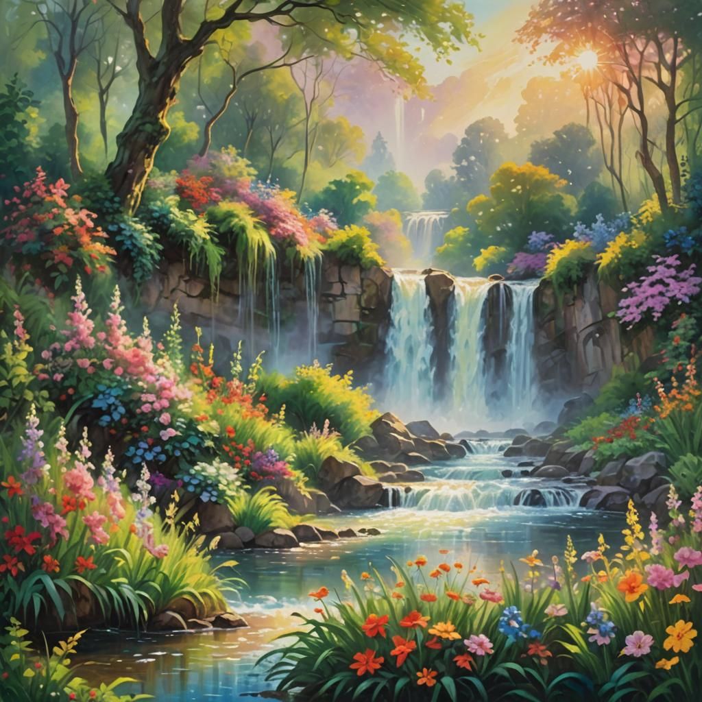 Waterfall Cascades in Lush Impressionist Painting