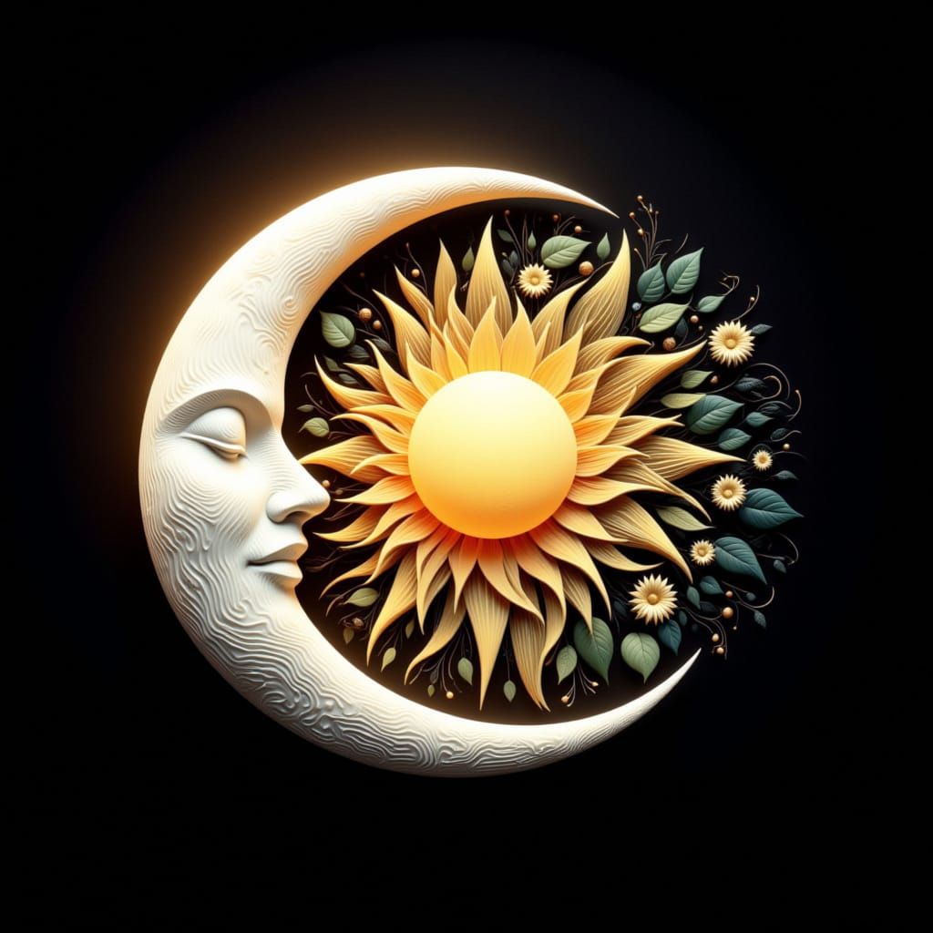 <lora:Mrs H-Crescent Moons:1.0> Create a beautiful white crescent Moon with face with a stunning vibrant yellow  sun, joined together in a Y...
