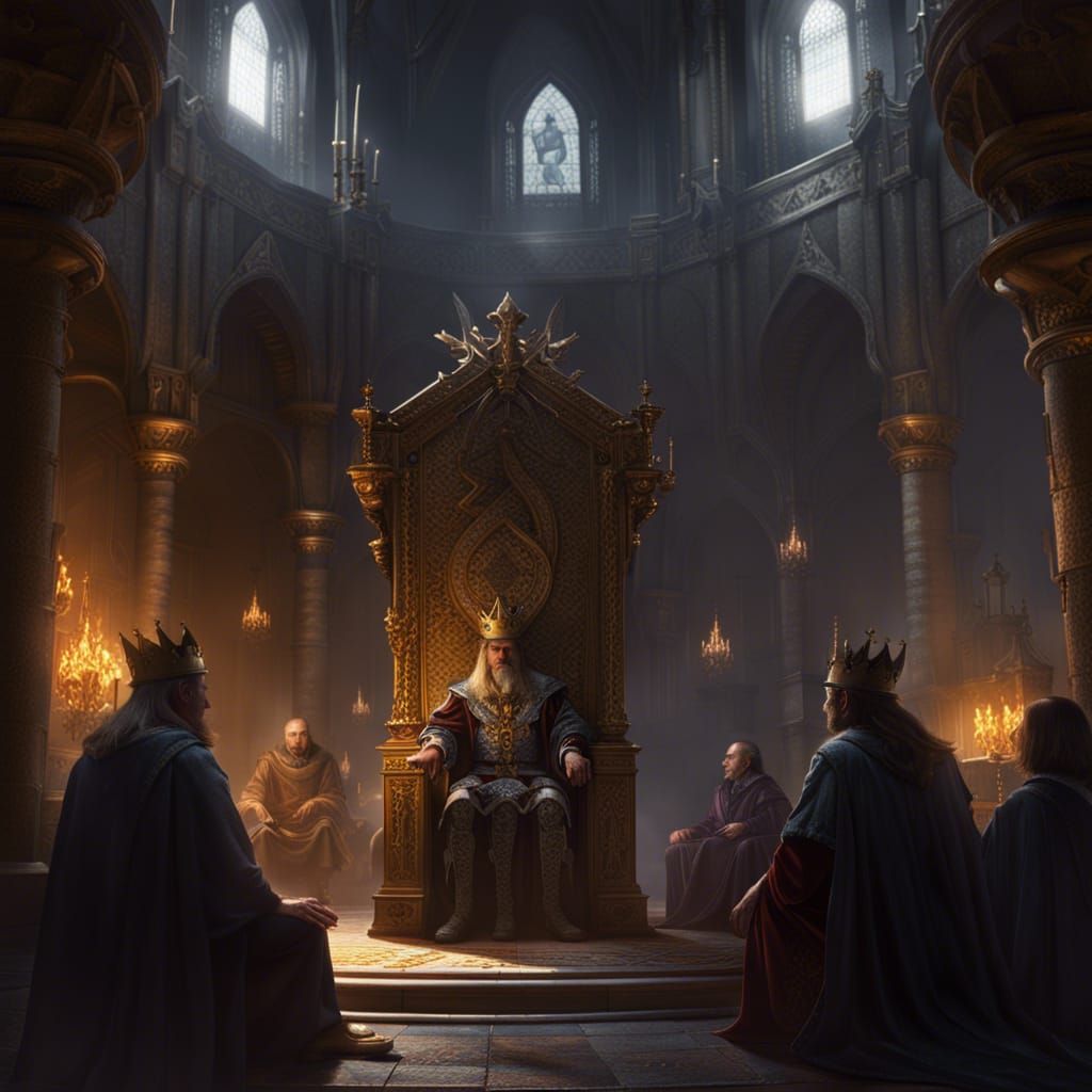 In the throne room of a castle, the king, seated on his throne and is ...