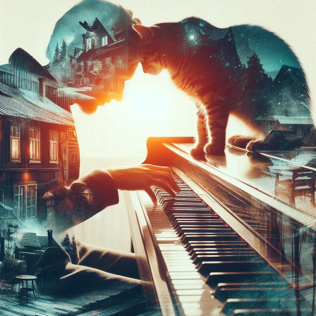 a random chord disturbed the silence of a sleepy house, a cat jumped on the piano