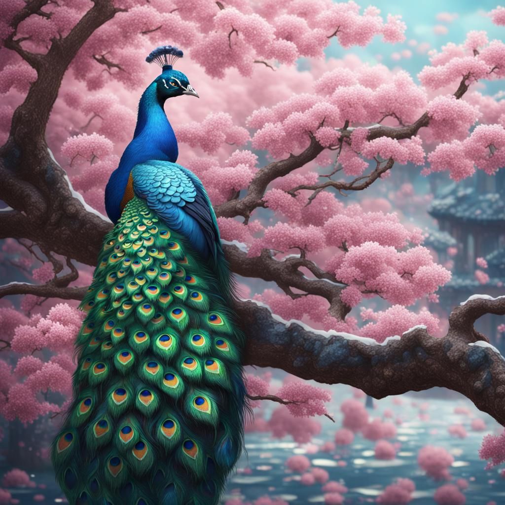 a close view of a beautiful peacock  sitting on a Sakura tea...