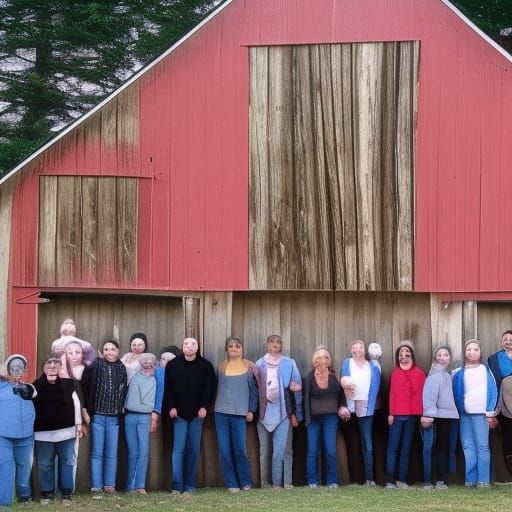 Group photo of dead people Infront of barn, distorted faces,...