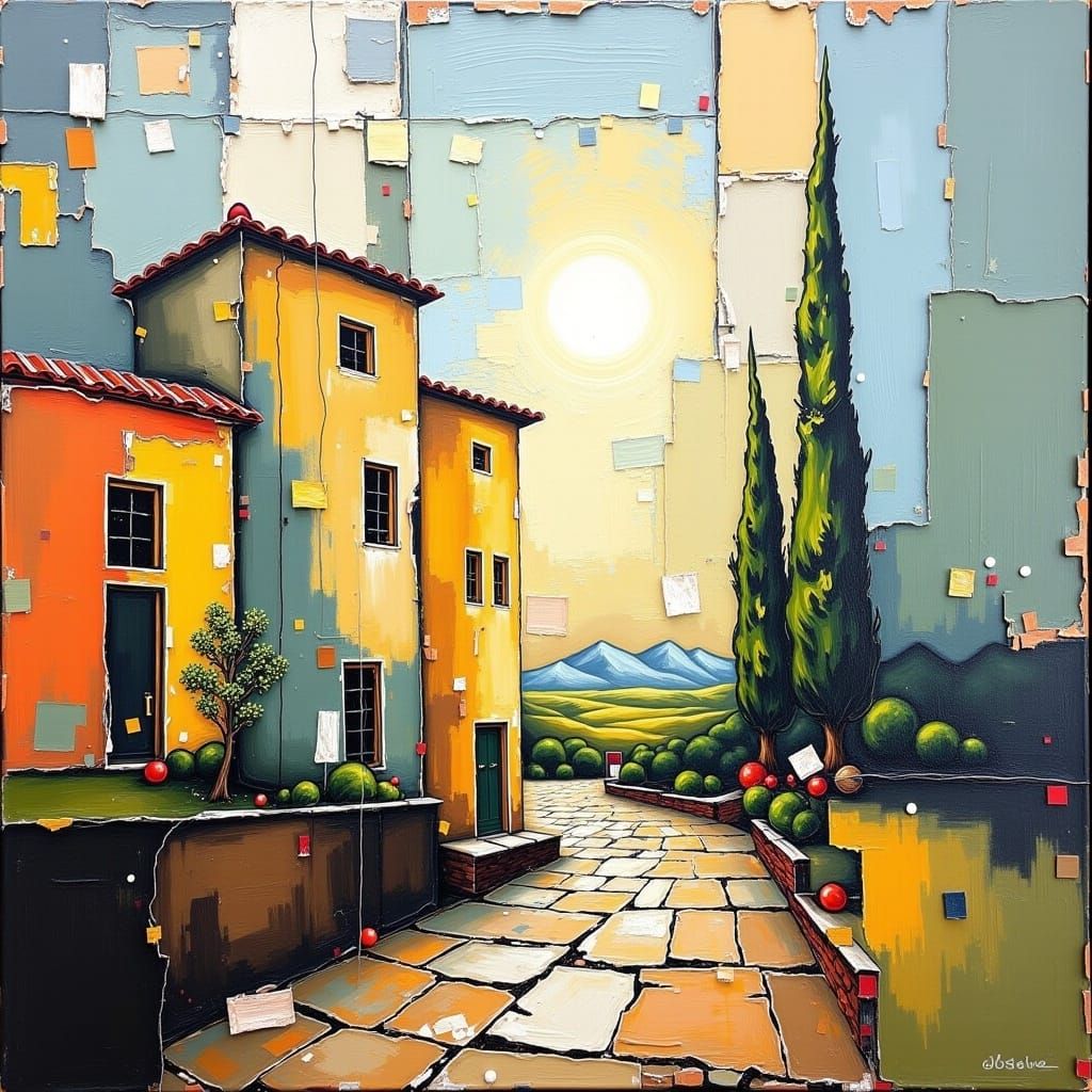 <lora:Modern Absrakt:1.0> Original abstract art TEXTURED painting, Abstract art painting, "ITALIAN VILLA" Modern style painting.