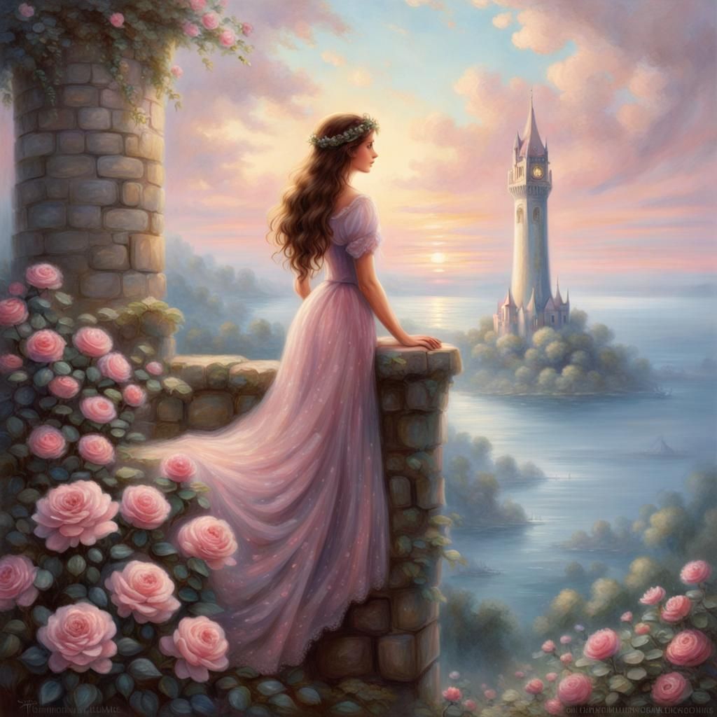 Girl in Tower Surrounded by Roses in Dreamy Forest