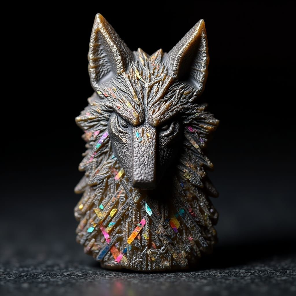 <lora:Sunstone Lattice:1.0> A wolf carved from rainbow lattice sunstone intricate details, HDR, beautifully shot, hyperrealistic, sharp focu...