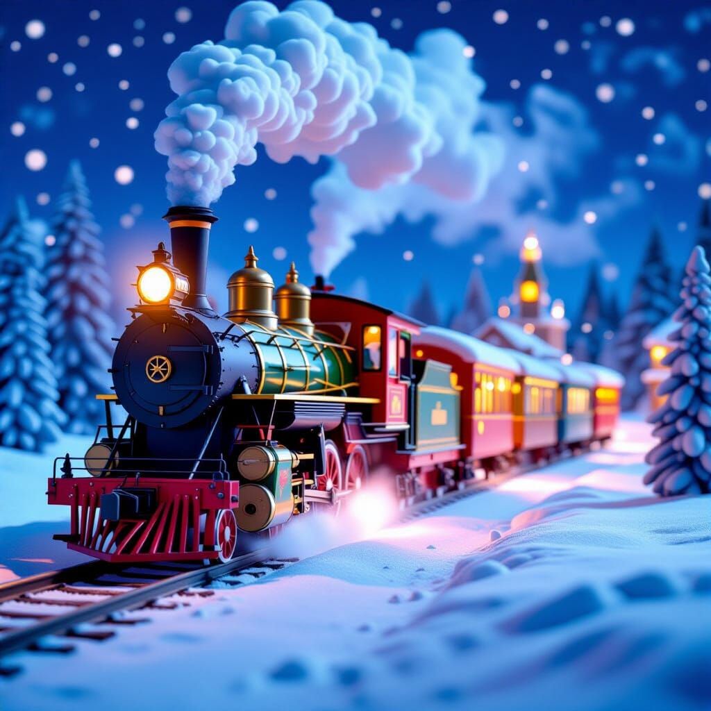 Magical Snowy Night Train Journey in Childlike Realism