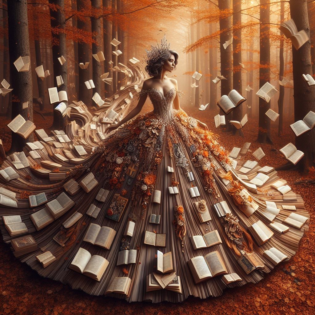 A DRESS OF BOOKS IN THE WOODS