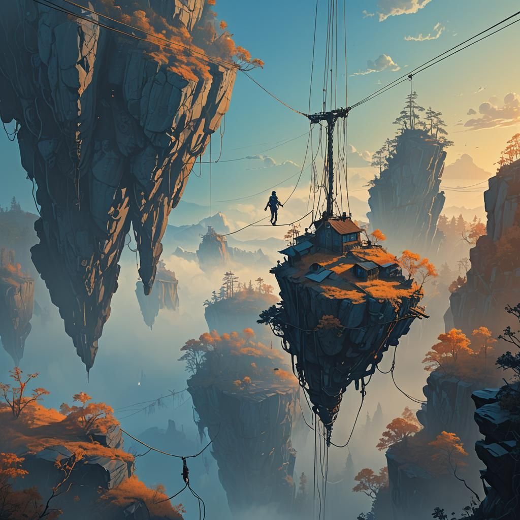 Figure Walks Tightrope in Mystical Dreamscape