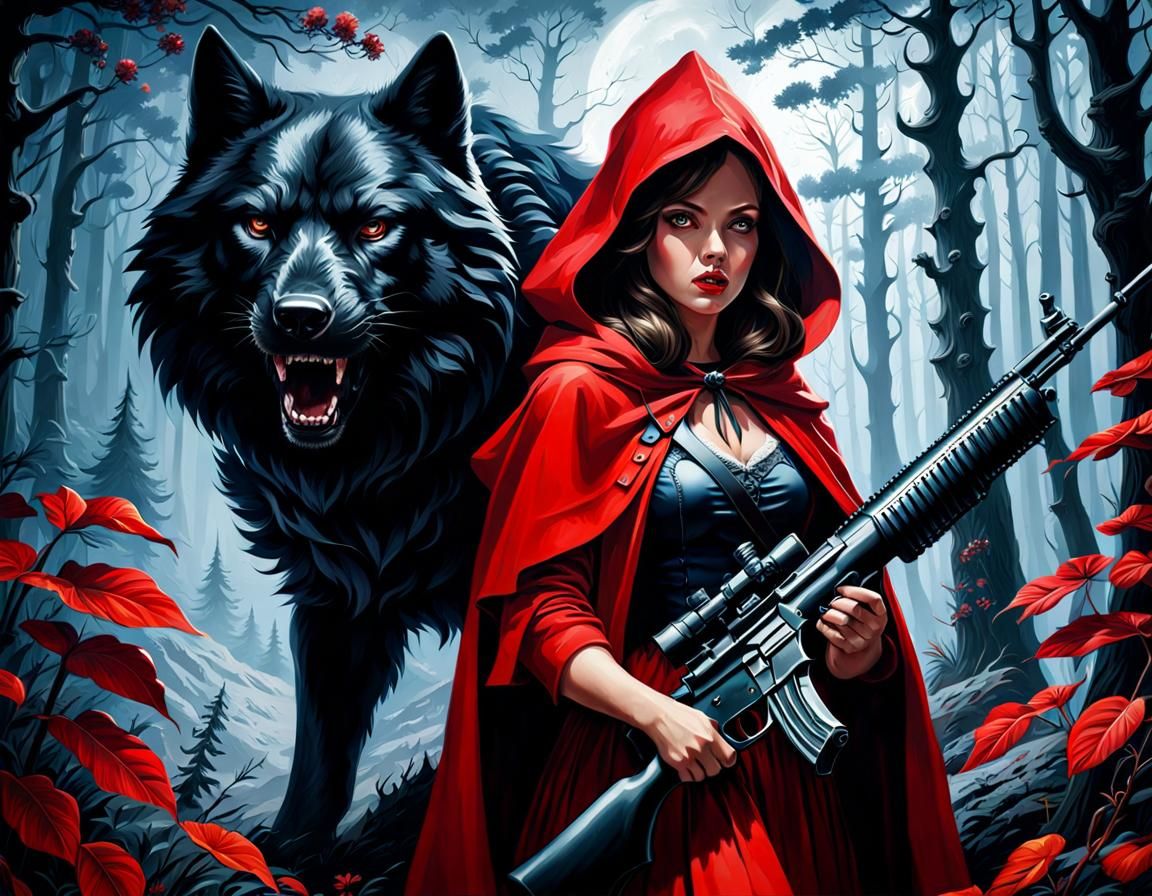 Fierce hunter Red Riding Hood and her tamed werewolf  by @That cinema teacher