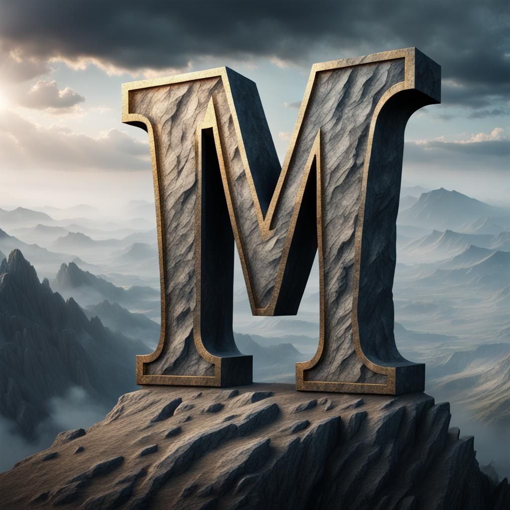 The letter M large statue, standing on mountaintop, centered...