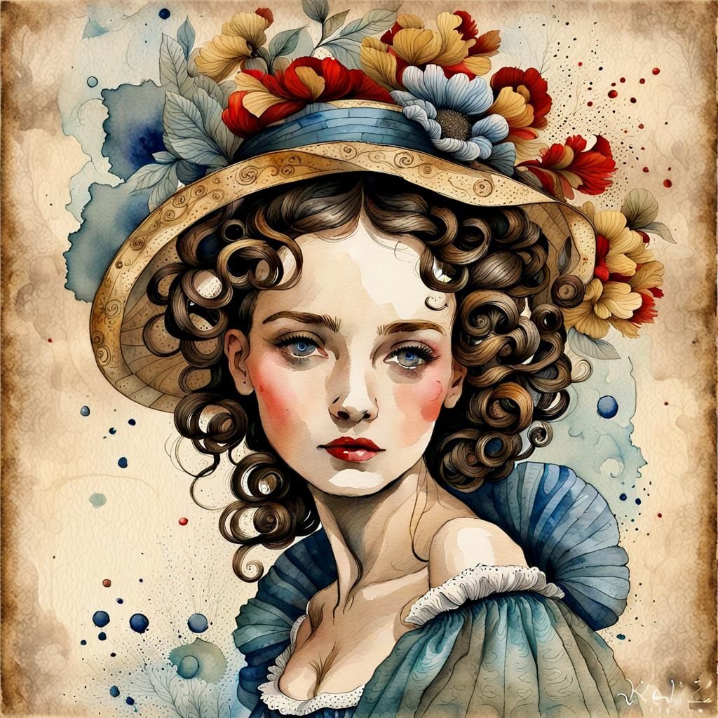 French lady portrait,Whimsical beautiful Watercolor poster art. Old ...