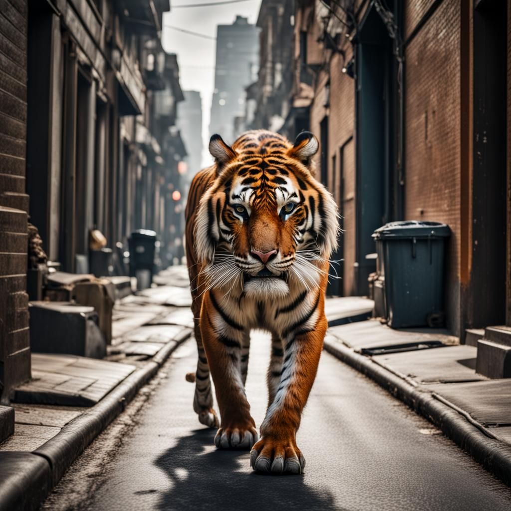 Tiger walking down a city street