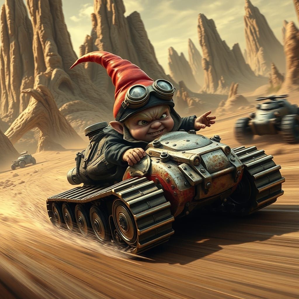 In a high-speed Mad Max style intensity, a chibi gnome is ra...