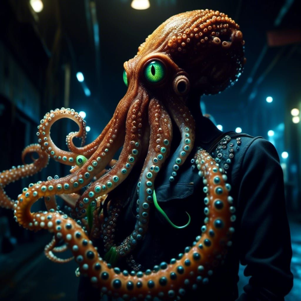 Scene take place in a dark street. Octopus has green and blu...