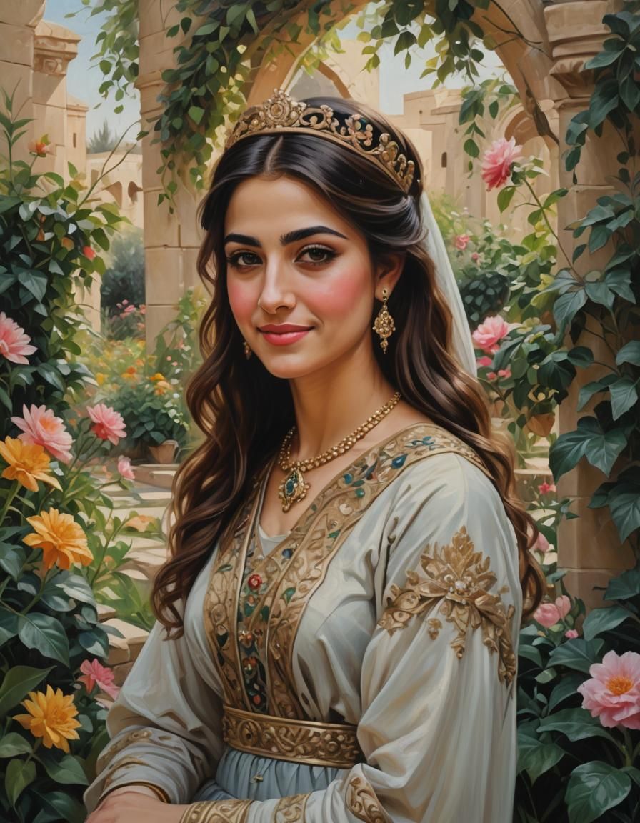 A beautiful young Iraqi Princess, in a garden, shy smile, ha...