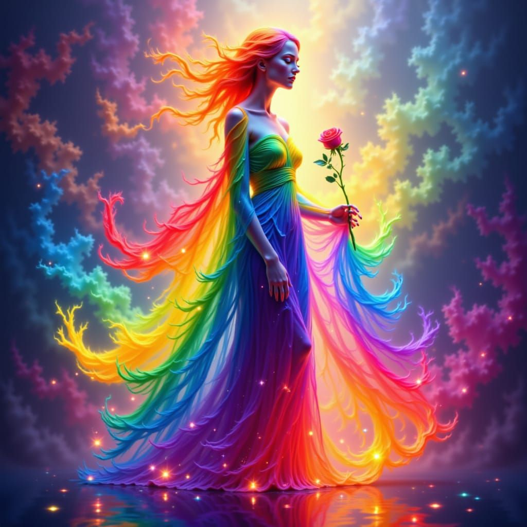 colorfull rainbow woman and colorfull rainbow rose of colorfull rainbow fire and colorfull rainbow fog . <lora:The Rainbow of Red:1.0>