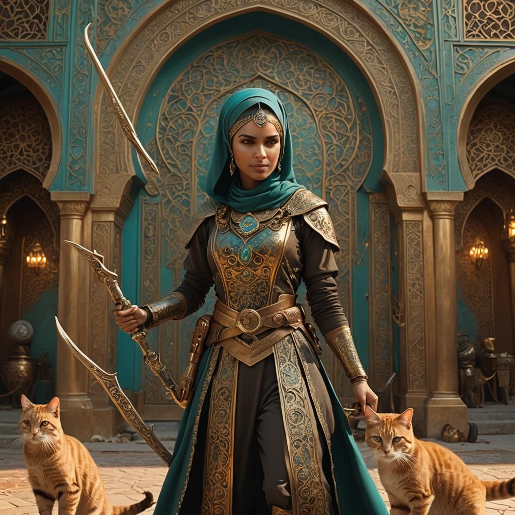 A Muslim women, clad in deep bronze colour, wielding scimitars on each hand intricately. Two cats on both sides, brown in colour. 