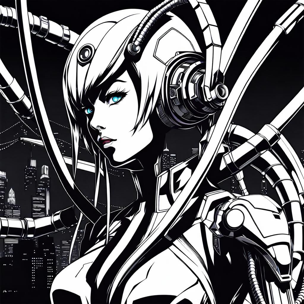 cyberpunk spider tentacle mech woman black, and white manga. Masterpiece,  Best Quality, flat, Manga Scan, Anime, cinematic lighting, drawn A... - AI  Generated Artwork - NightCafe Creator