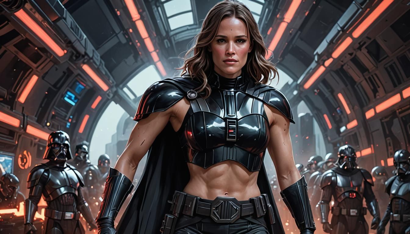 Jennifer Garner is dressed up in a Darth Vader cosplay outfit, seen full height