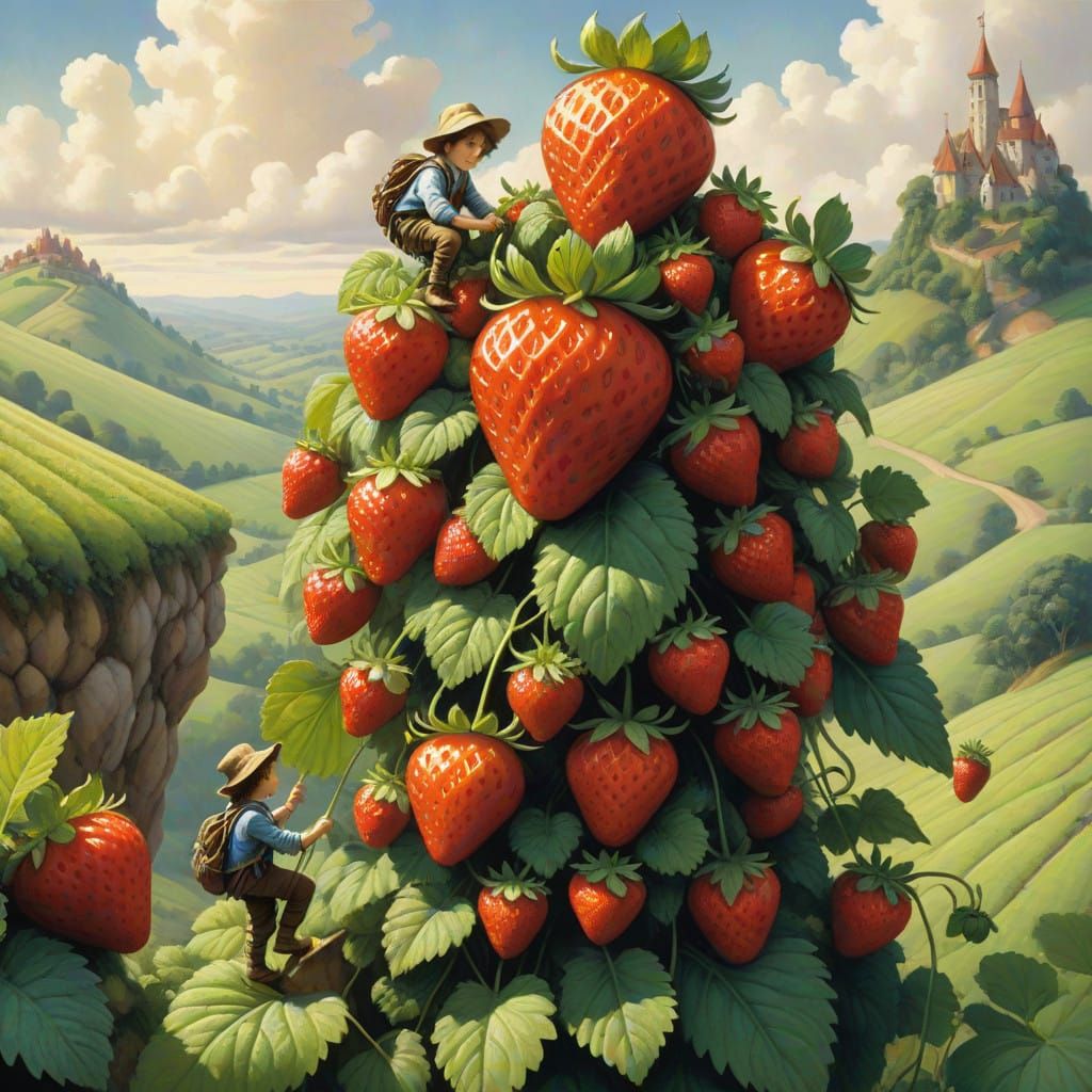 The world of little people climbing a giant strawberry  by @ALEXANDRA