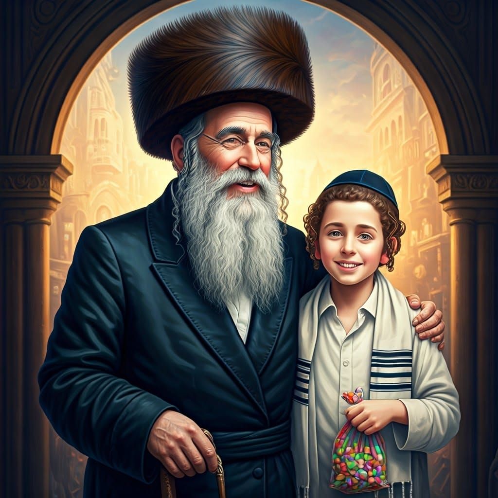 גבר יהודי חרדי שמח מאוד בלבוש מסורתי, זקן לבן ושחור ופאות שח...