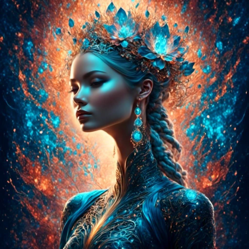 Scandinavian Woman in Lotus Position with Cosmic Neurology