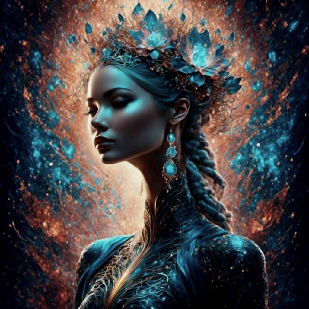 Scandinavian Woman in Lotus Position with Cosmic Neurology