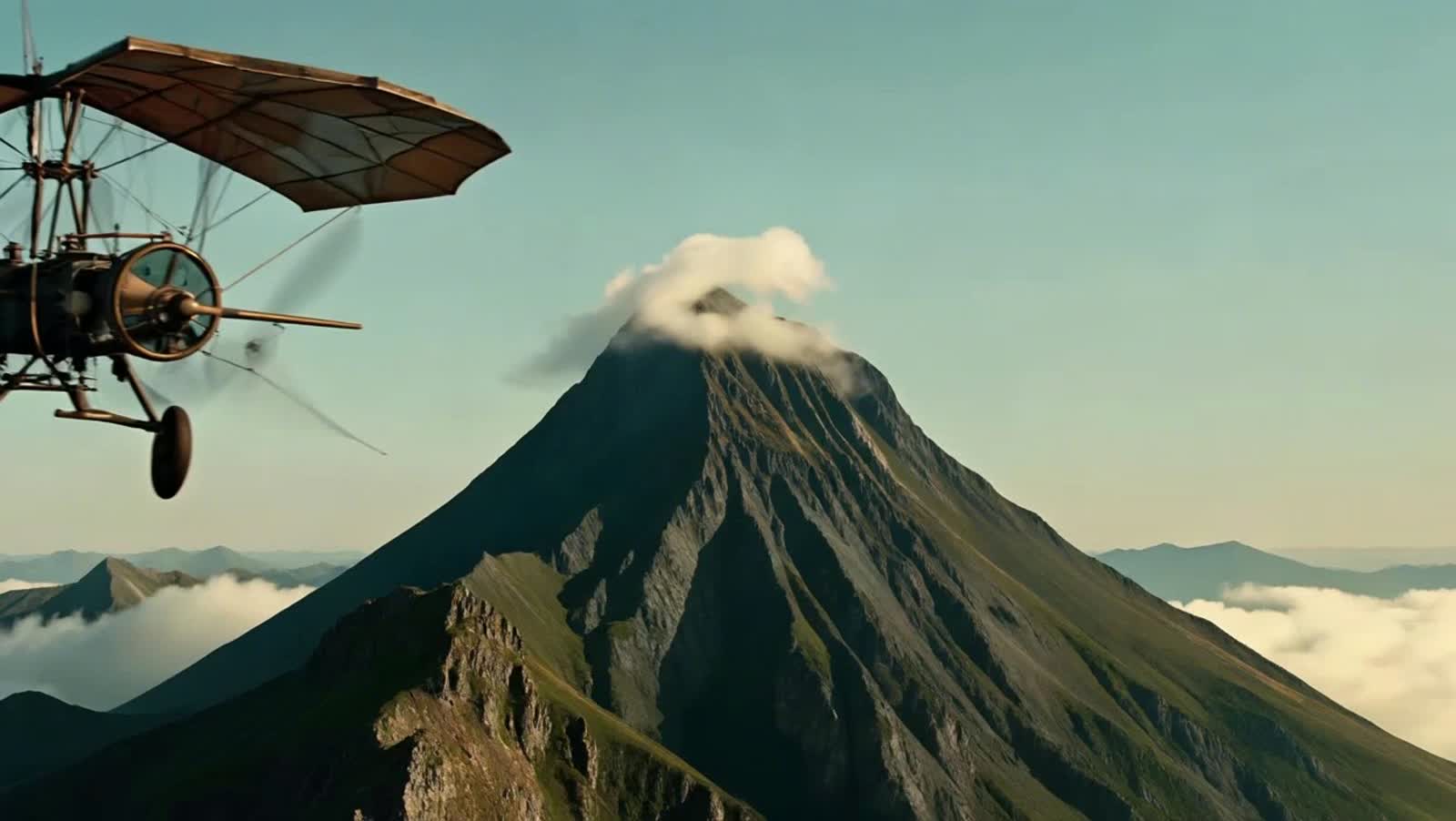 o Pico da Neblina em uma pintura de Leonardo Da Vinci, passando uma antiga máquina voadora passando no céu