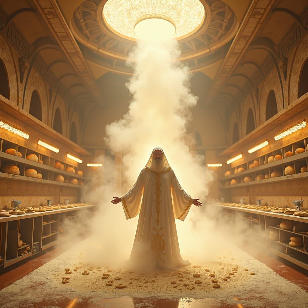 Mystical Baker Rabbi Shapes Matzoh: Fantasy Concept Art