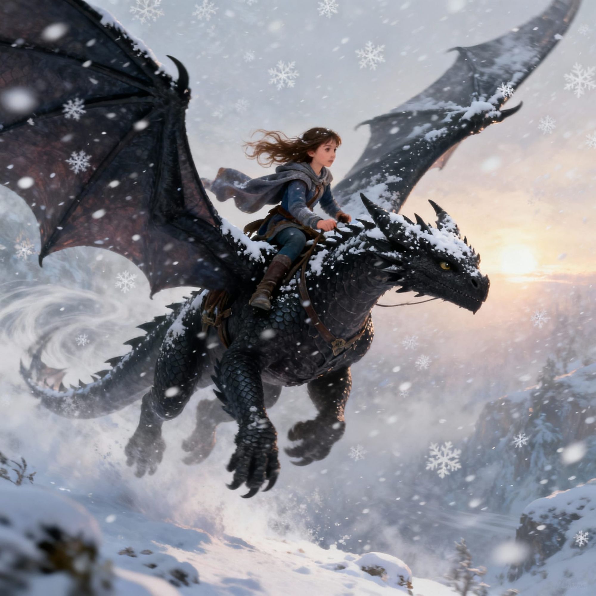 A girl riding a medium-sized black dragon through a blizzard in the winter sky. Snow covers both the dragon’s wings and the rider’s clothes ...