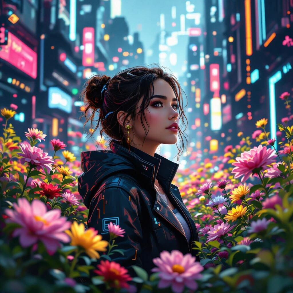 Futuristic Woman with Flowers in Cyberpunk Style