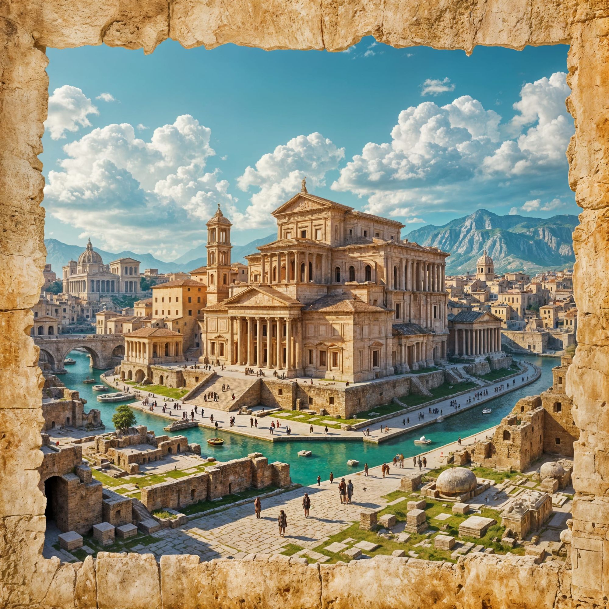 Reconstructed Ancient Roman city gushes out of picture papyrus. DDG v4.0. Artflow. Realismo. DaVinci2.