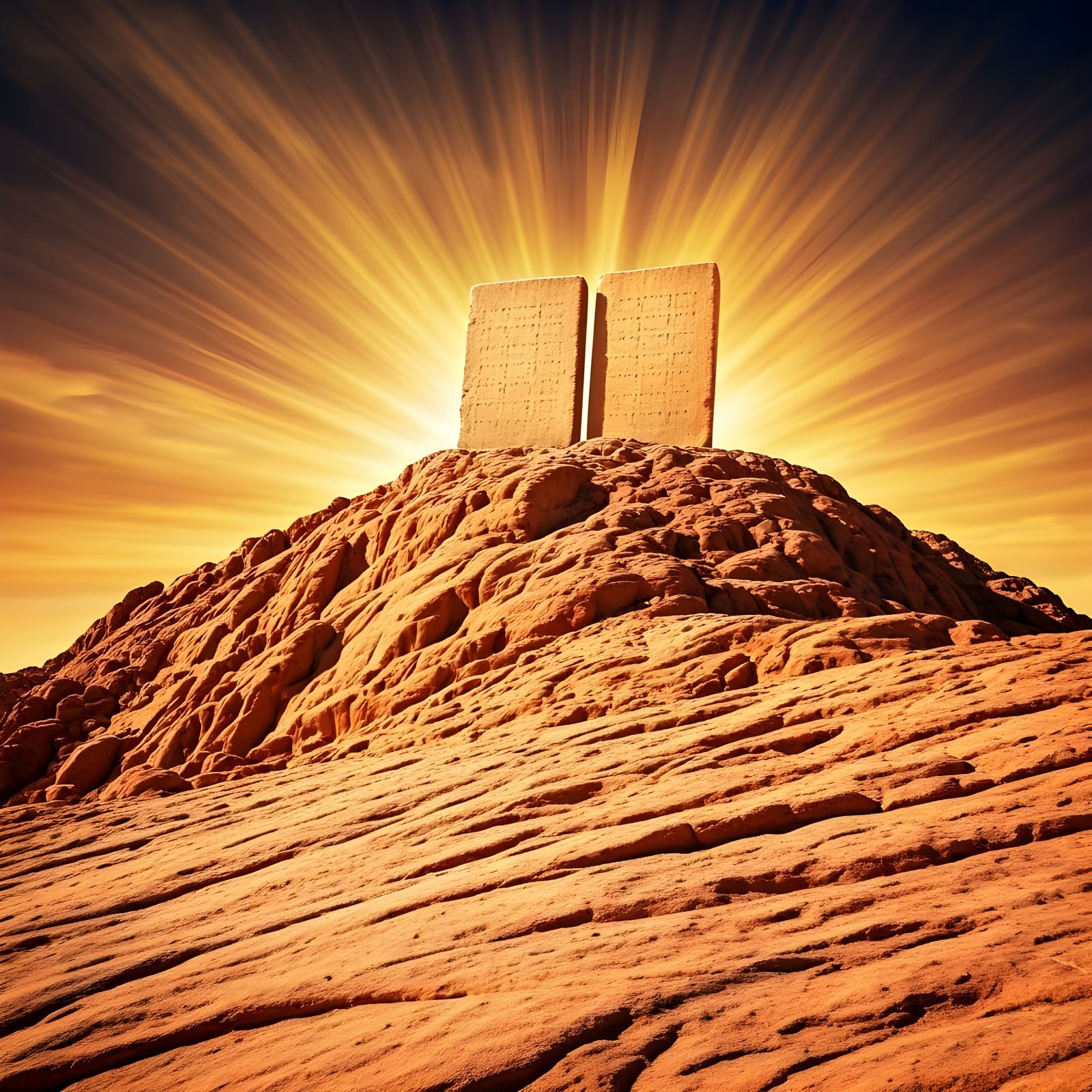 Golden Hour at Mount Sinai with Glowing Tablets