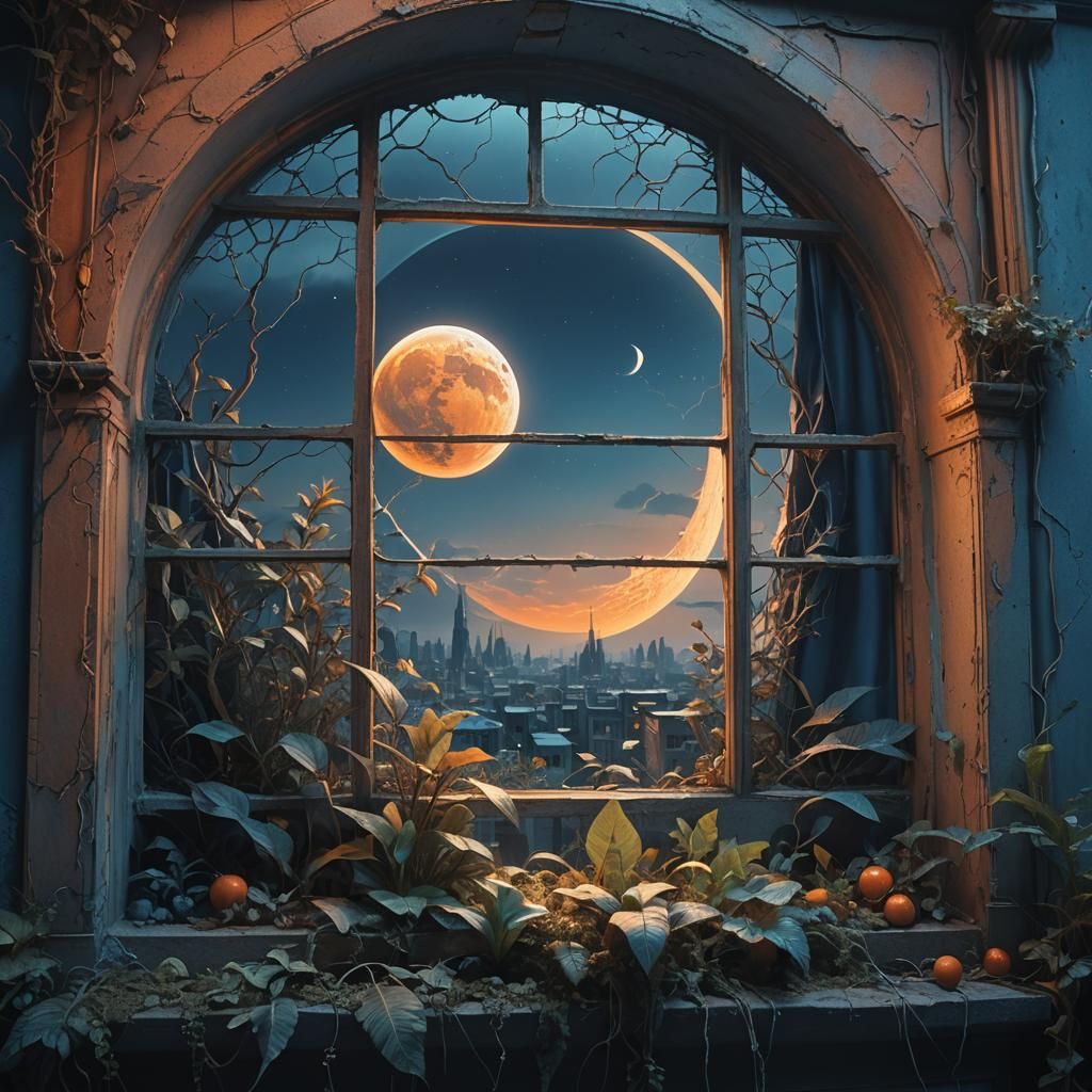 Glowing Moon in Window: Dreamy Sci-Fi Art