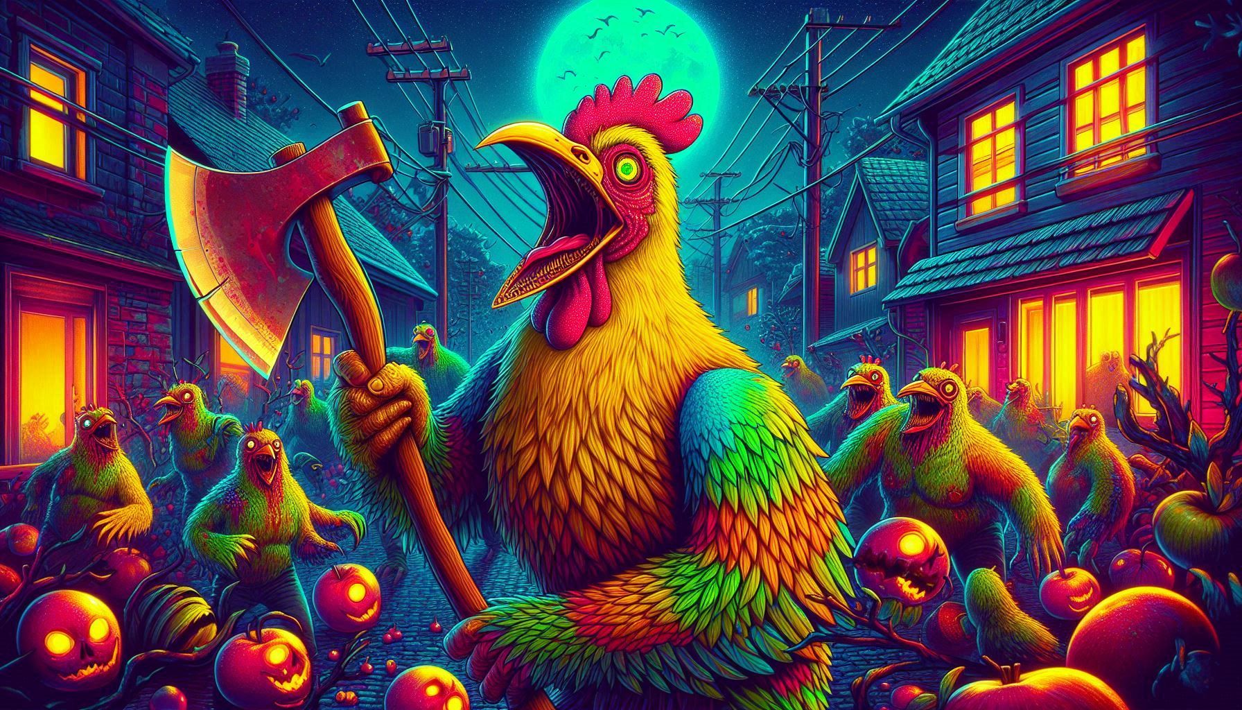 bird zombie axe maniacs. fruity glowing aura, bio-luminescence, fluorescent, neon colors,prismatic holographic, shimmering, iridescent, glit...