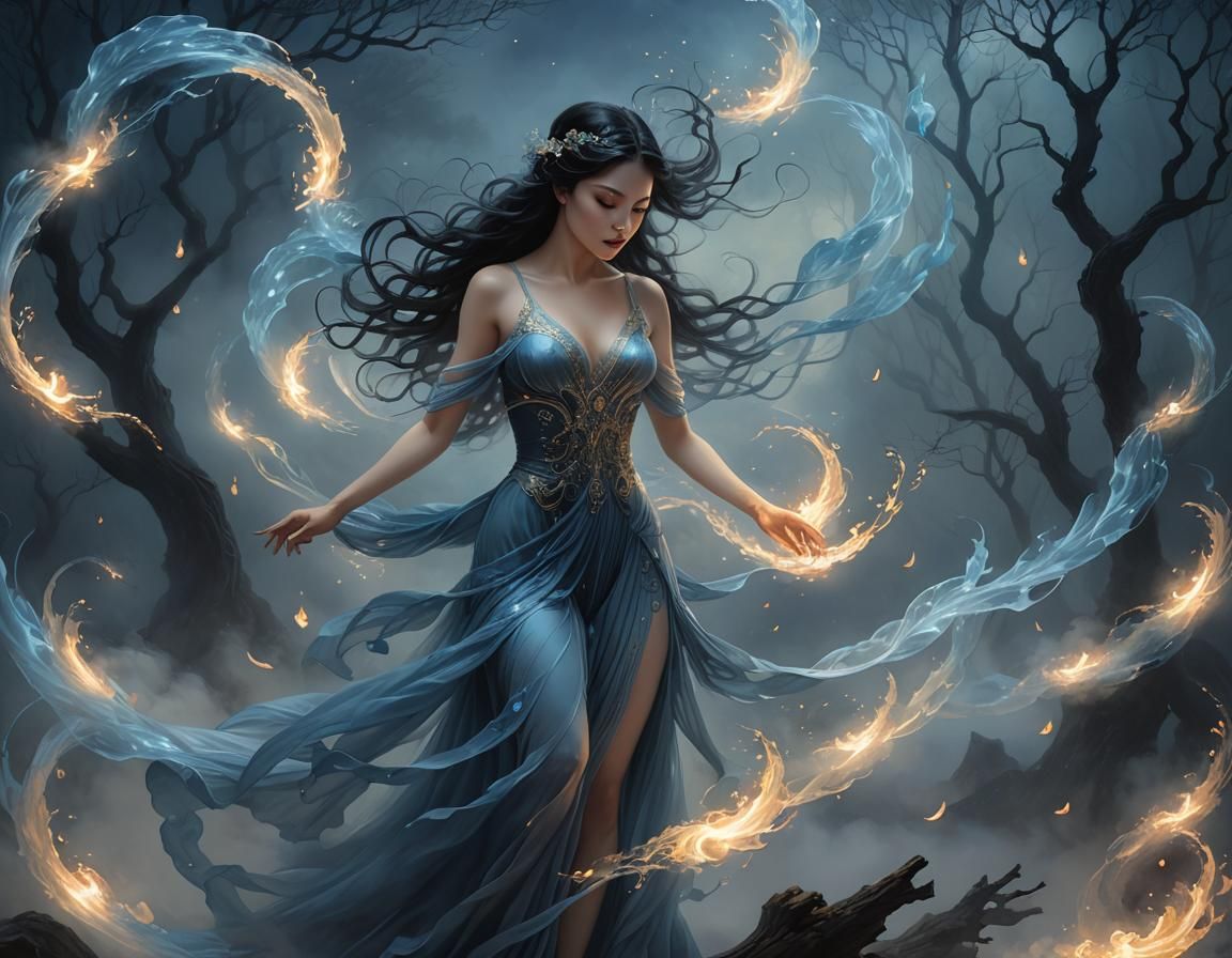 Ethereal Blue Fire in Moonlight: Fantasy Illustration