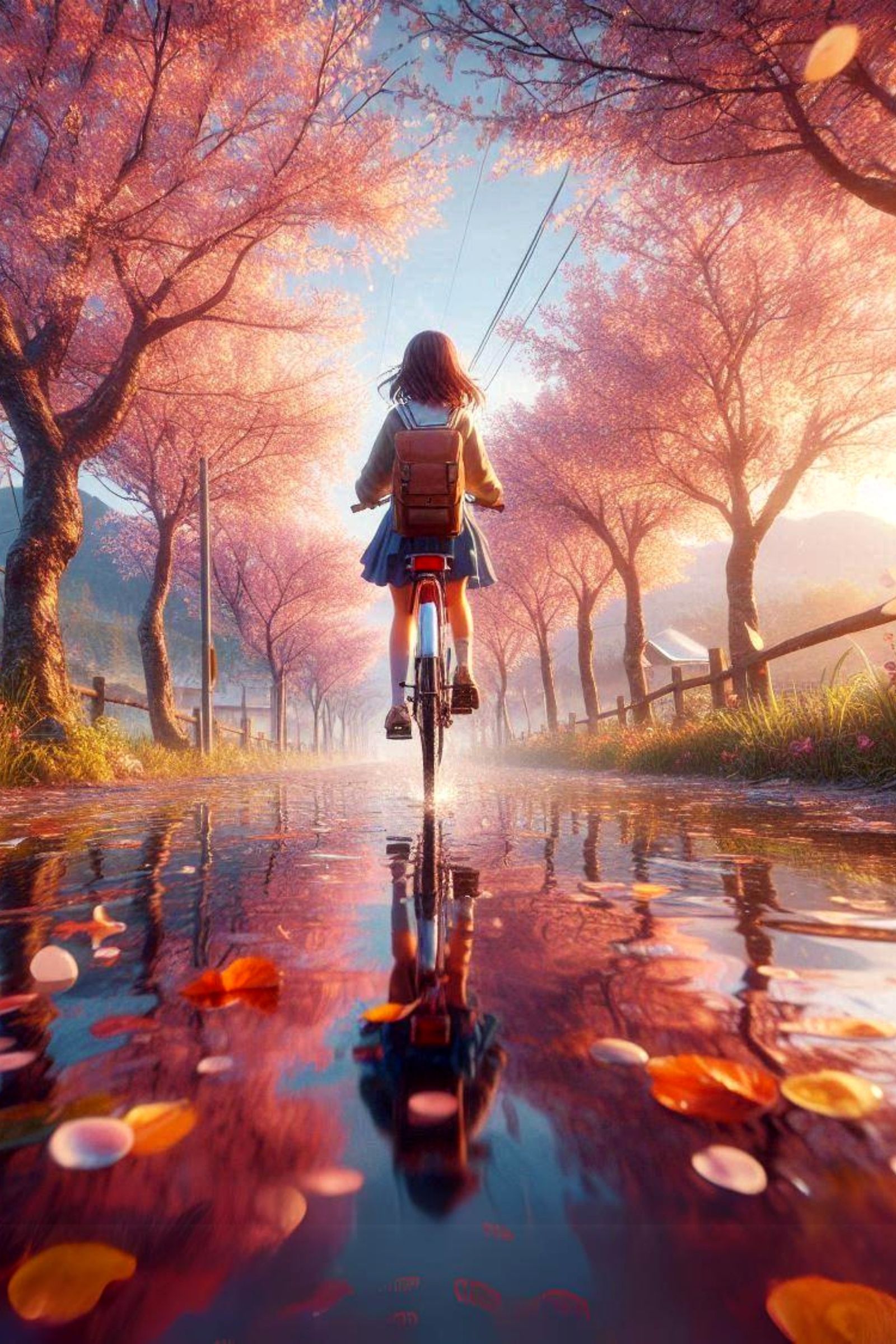 Hyper realistic Anime style landscape, a girl rides her bike after a storm