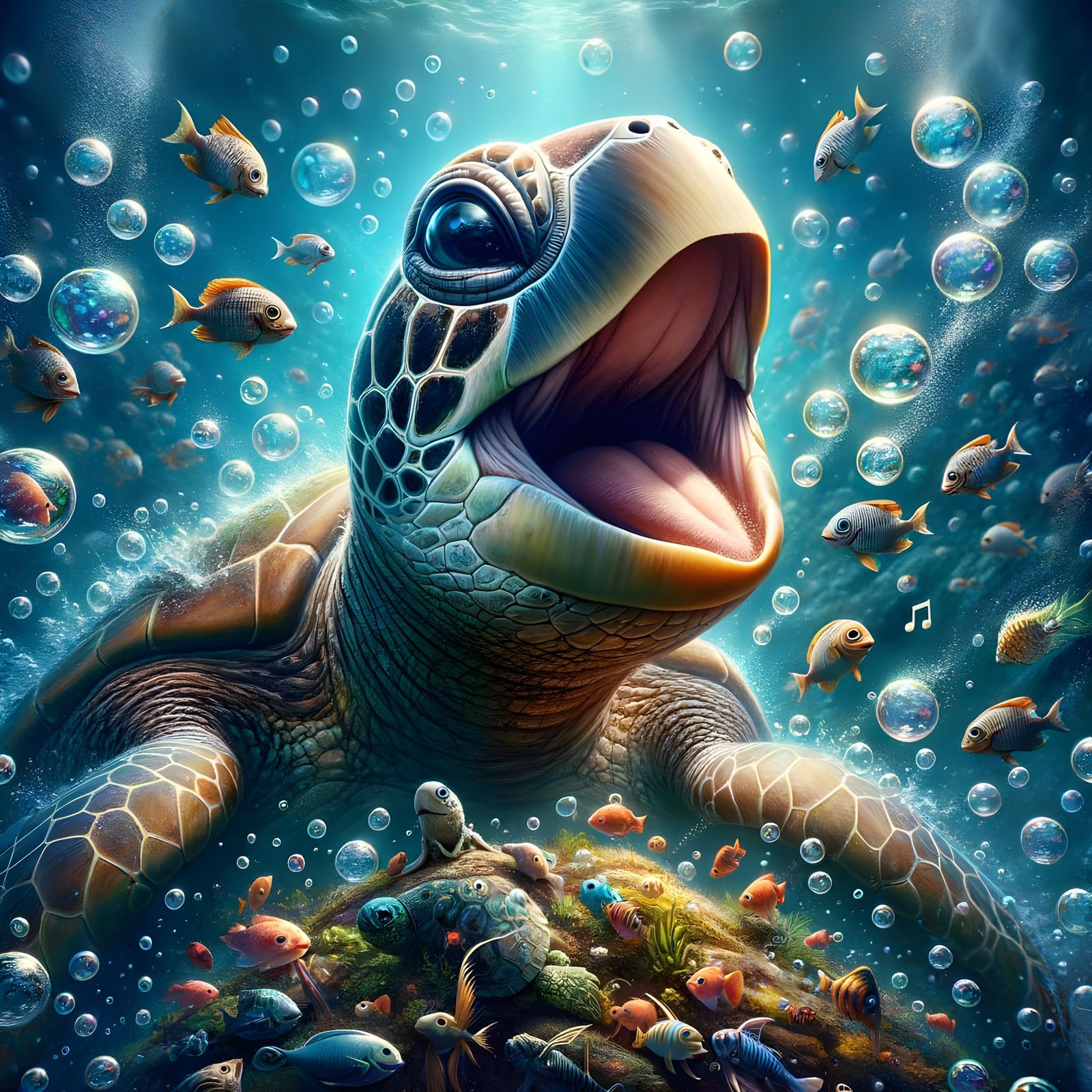 Beautiful singing sea turtle with big expressive eyes and mouth open excited happy. Bubbles in shape ...  by @Tiny Pearl Cat