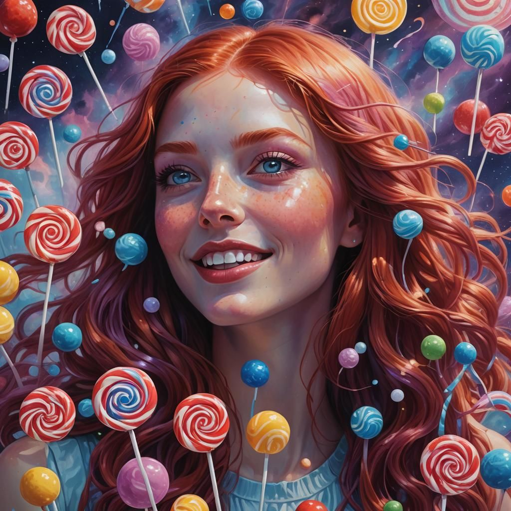 Visionary art. Close-up. Happy Long redhair blueye girl with...