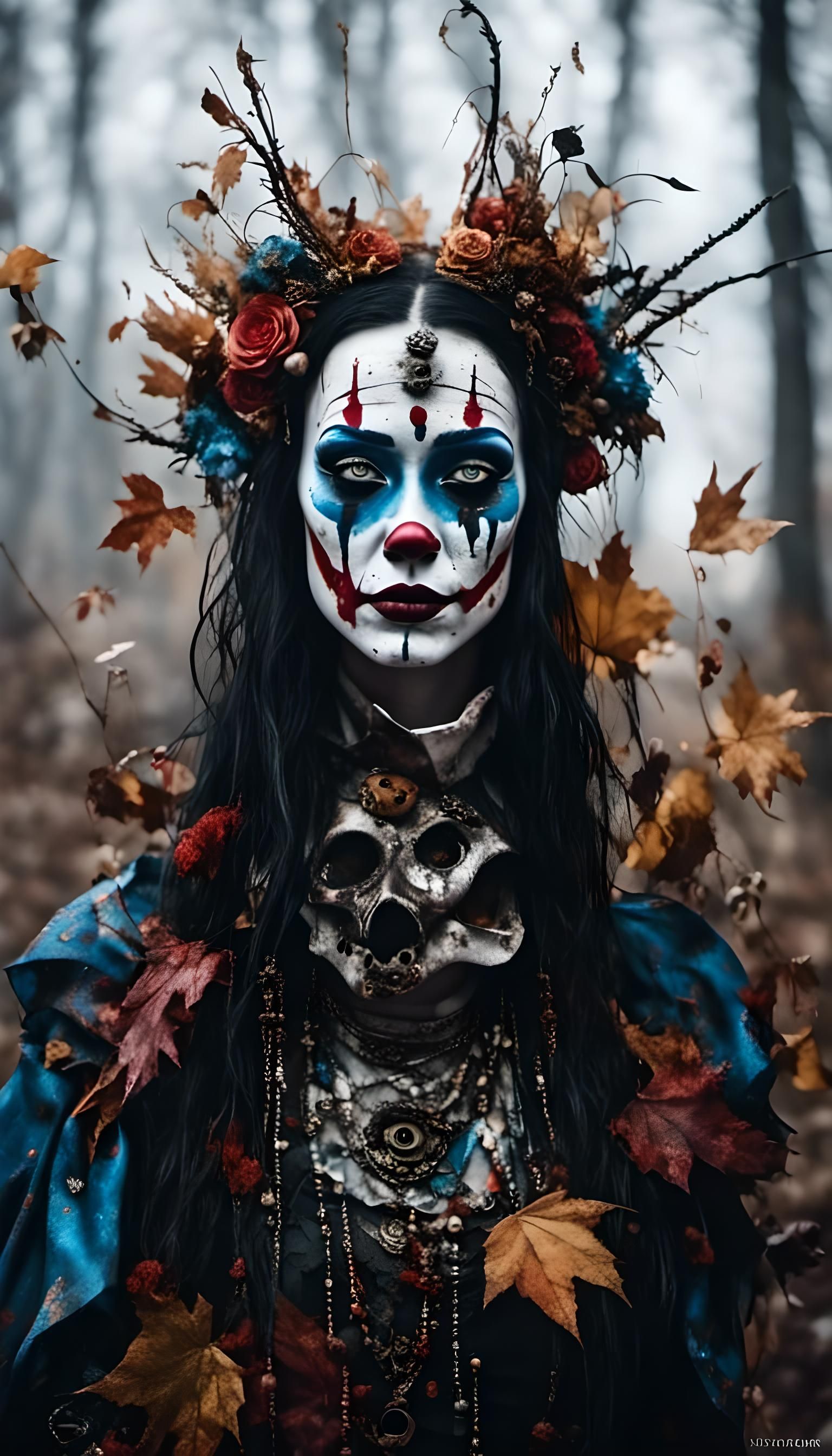 <lora:Cuppa:1.0> <lora:JLG636 A:1.0> <lora:MK-HS:1.0> hyperreal photography, "A beautiful enchanting gothic clown with l...